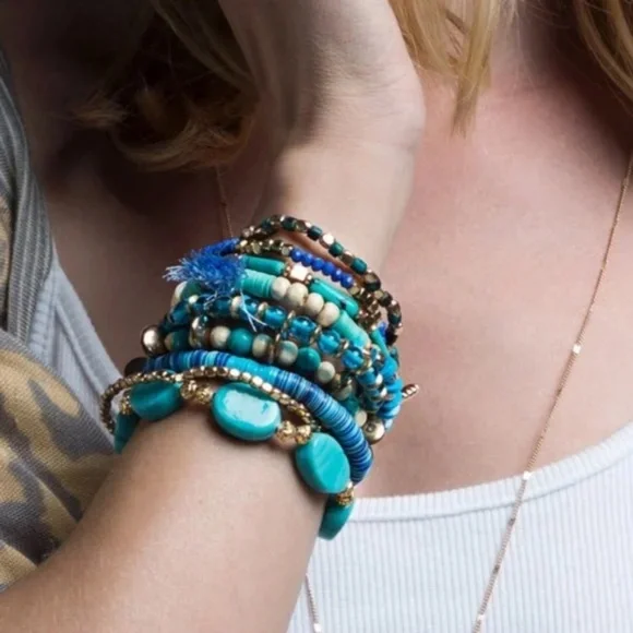 SOLD OUT Multi Layer Turquoise Charm Beaded Wood Metal Gold Bead Stretch - Picture 4 of 7